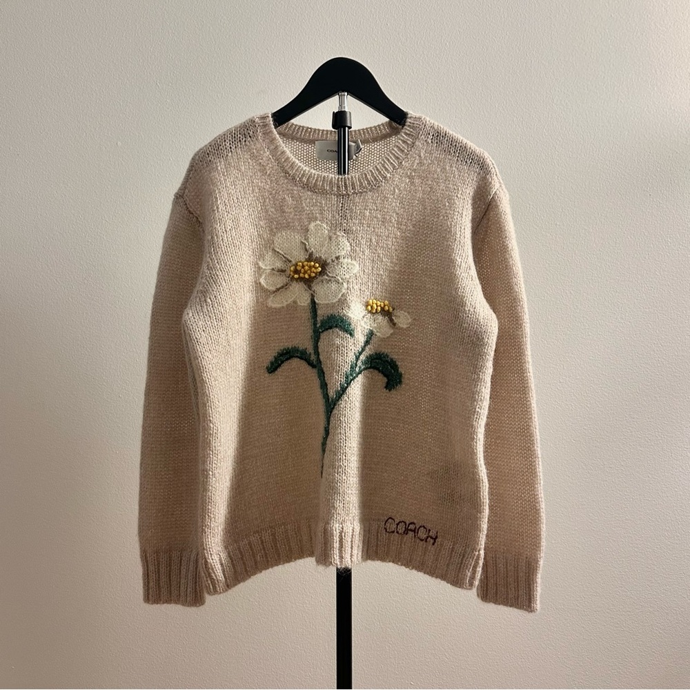 Coach Daisy Embroidered Intarsia Beige Mohair Wool Crew Neck Sweater Size M